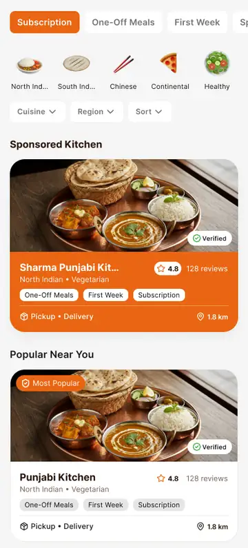 The Dabba Uncle app home screen, showing kitchen cards with First Week and Subscription options