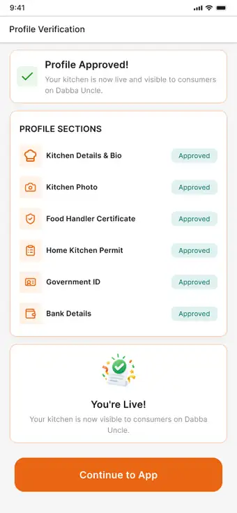 Producer app screen: Profile approved, every section approved, and You're live