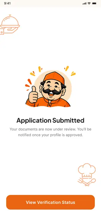 Producer app screen: Application submitted, with the uncle giving a thumbs up